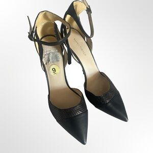 Marc Fisher Black Pointed-Toe Ankle-Strap Pumps with Textured Vamp
